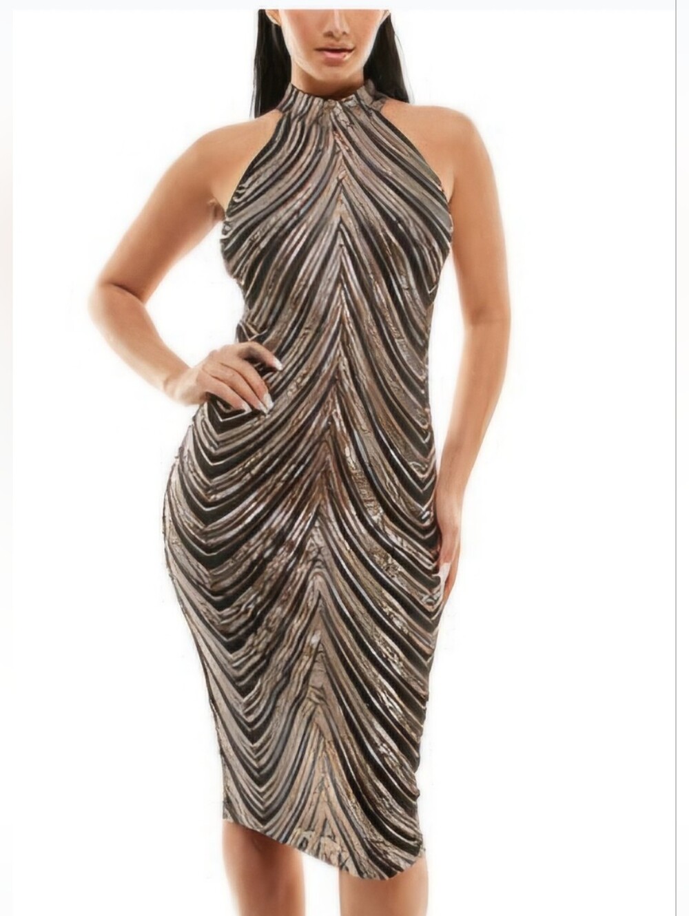 Metallic Chevron Halter Midi Dress in Gold and Black
